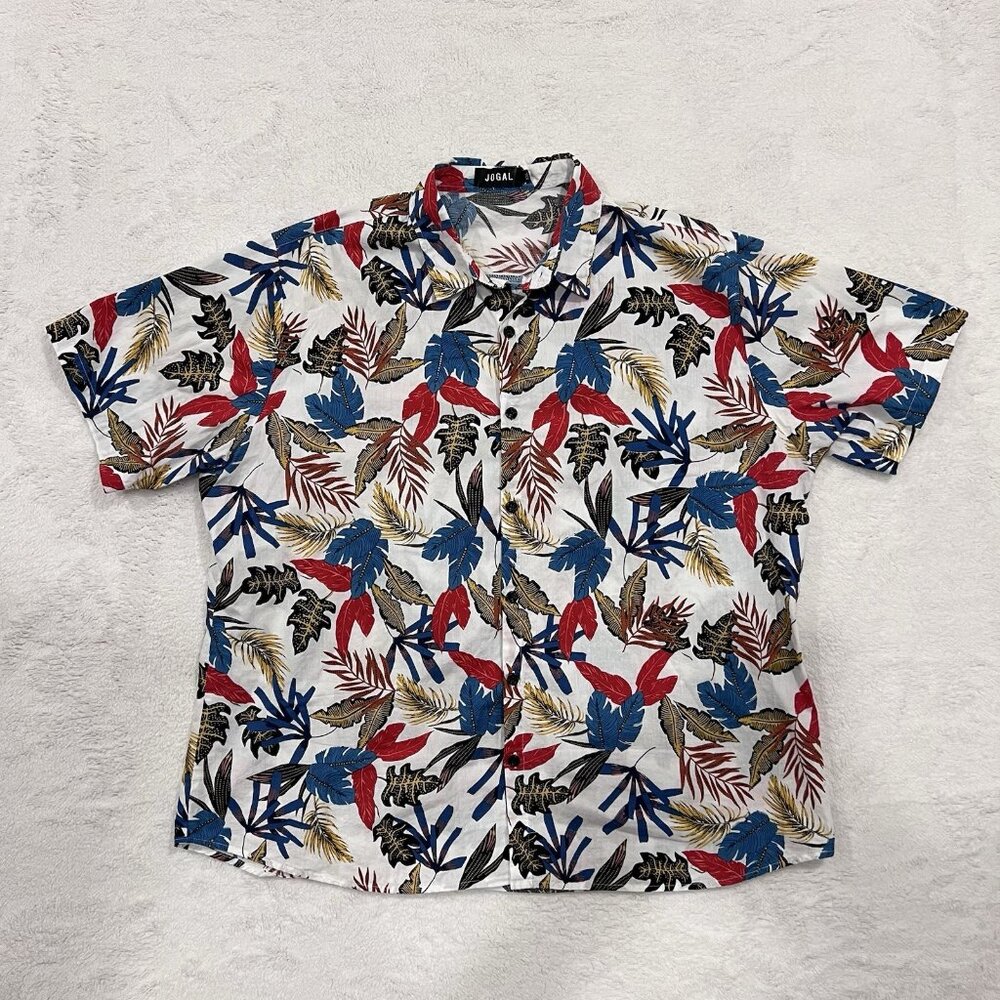 JOGAL Hawaiian Leaves Floral Mens Shirt XXL Cotton Button Short Sleeve Beach